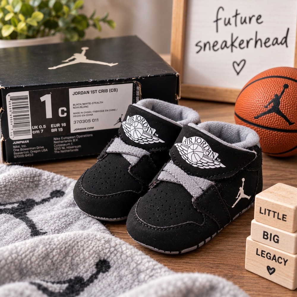 Jordan 1st Crib CB Black White Stealth Sneakers 370305-011 Size 1C Infant Shoes